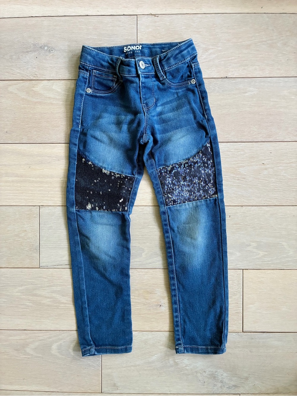Sonoma Dark Blue Jeans with Navy Sequin Knee Patches EUC Size 5